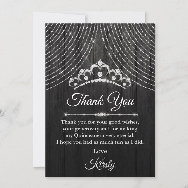 Carte De Remerciements Silver Black Diamond Tiara Quinceanera (Devant)