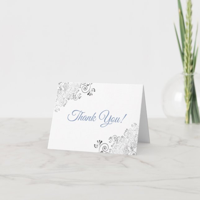 Carte De Remerciements Silver Frills Elegant Blanc & Bleu Photo Mariage (Devant)