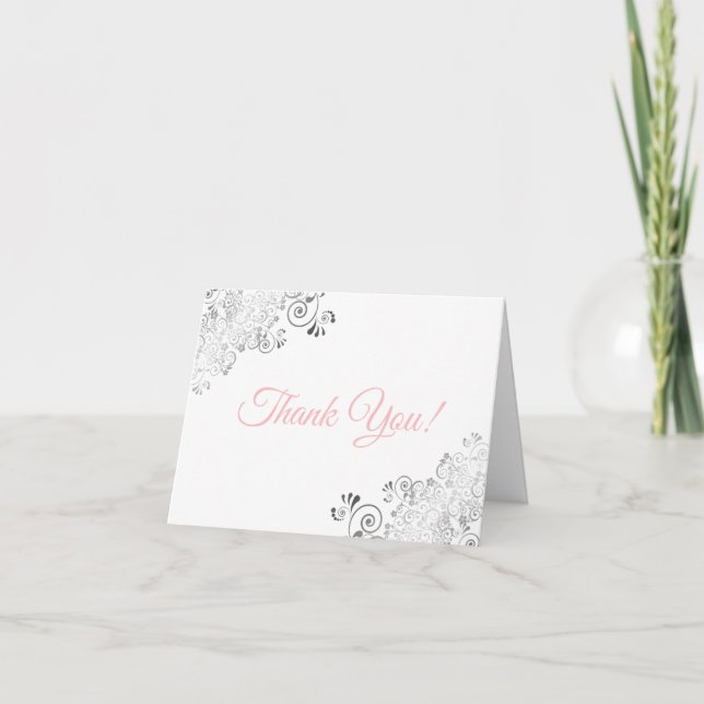 Carte De Remerciements Silver Frills Elegant Blanc & Rose Mariage Photo (Devant)