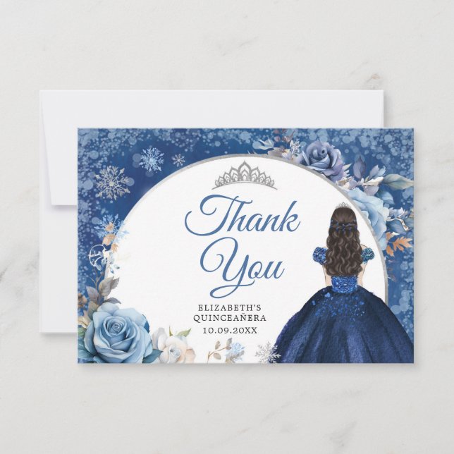 Carte De Remerciements Silver Navy Blue Winter Snowflake Quinceanera (Devant)