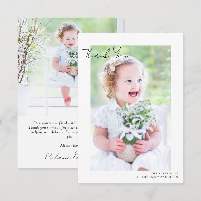 Carte De Remerciements Simple 2 Photo Baptême Christening (Devant / Derrière)