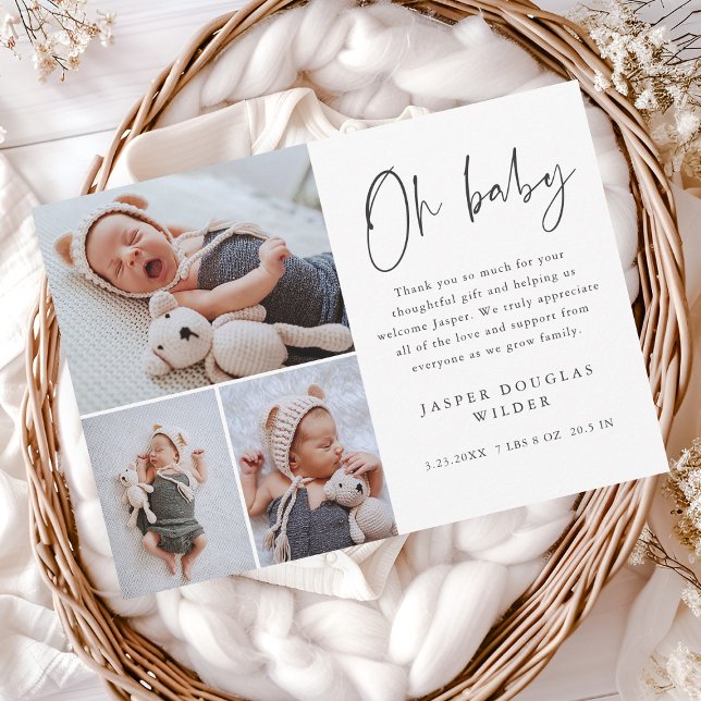 Carte De Remerciements Simple 3 Photo Oh Baby (Simple 3 photo oh baby announcement thank you cards.)