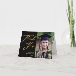 Carte De Remerciements Simple Black Elegant Gold Script Photo Graduation
