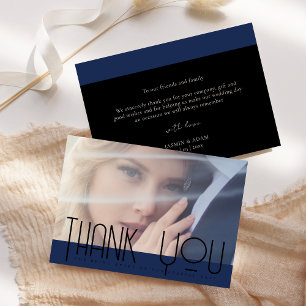 Carte De Remerciements Simple Bleu Marine Noir Photo Mariage