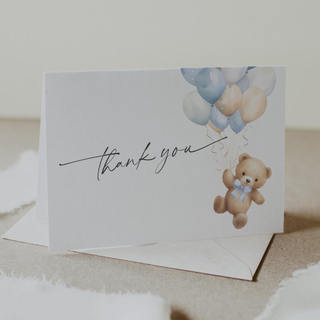 Carte De Remerciements Simple Bleu Teddy Ours bébé Garçon Douche (Blue We Can Bearly Wait, Teddy Bear Gender Neutral baby Shower Thank you Cards.)