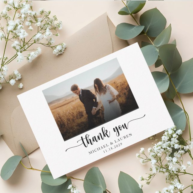 Carte De Remerciements Simple Chic Photo de Mariage en Noir et Blanc (Créateur téléchargé)