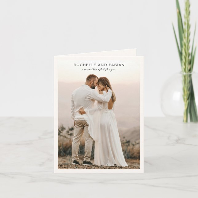 Carte De Remerciements Simple Crème Photo Mariage élégant (Devant)