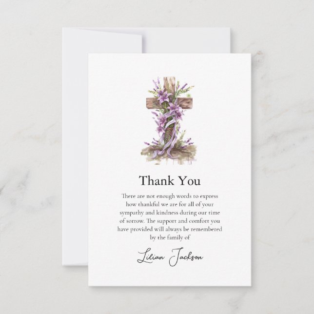 Carte De Remerciements Simple Croix catholique Lilac Fleurs funérailles (Devant)