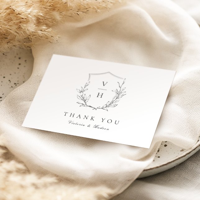 Carte De Remerciements Simple élégance botanique crête mariage monogramme (Simple elegance botanical crest monogram wedding thank you card)