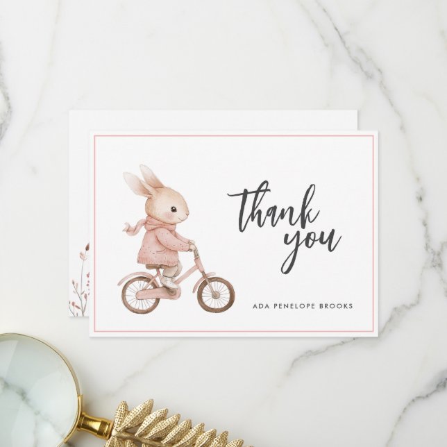 Carte De Remerciements Simple Elegant Aquarelle Bunny Baby Girl (Devant/Arrière en situation)