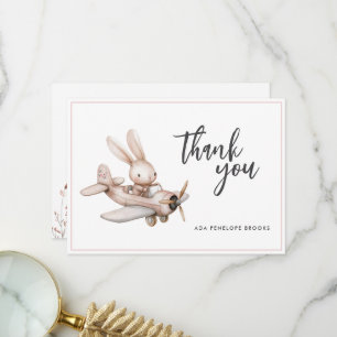 Carte De Remerciements Simple Elegant Aquarelle Bunny Plane Baby Girl