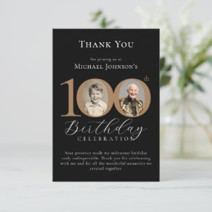 Carte De Remerciements Simple Elegant Black Gold Photo 100e anniversaire