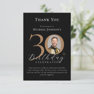 Carte De Remerciements Simple Elegant Black Gold Photo 30e anniversaire