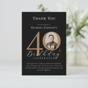 Carte De Remerciements Simple Elegant Black Gold Photo 40th Birthday