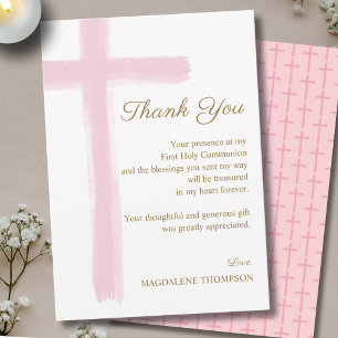 Carte De Remerciements Simple Élégant Croix Rose Première Sainte Communio