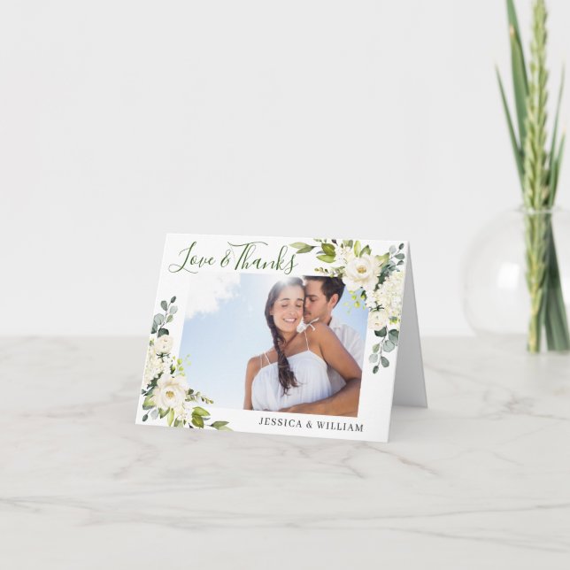 Carte De Remerciements Simple Élégant Eucalyptus Roses Blanches Photos Fl (Devant)