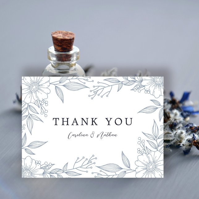 Carte De Remerciements Simple élégant Floral Dusty Mariage bleu (Créateur téléchargé)