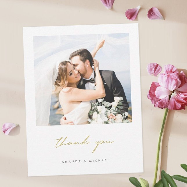 Carte De Remerciements Simple Elegant moderne Mariage photo Script or (Créateur téléchargé)