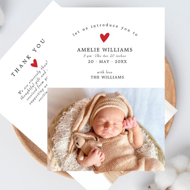 Carte De Remerciements Simple Elegant Red Heart 2 Photos Baby shower (Créateur téléchargé)
