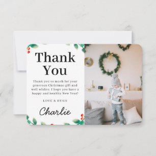 Carte De Remerciements Simple Festif Holly Christmas Photo  Rouge