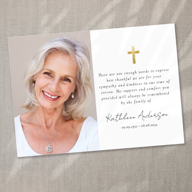 Carte De Remerciements Simple Gold Cross Photo Sympathy Funeral (Créateur téléchargé)