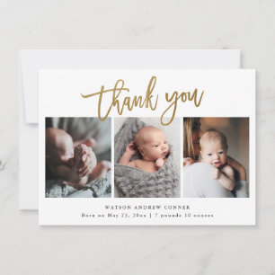 Carte De Remerciements Simple Gold Script 3 Photo Baby