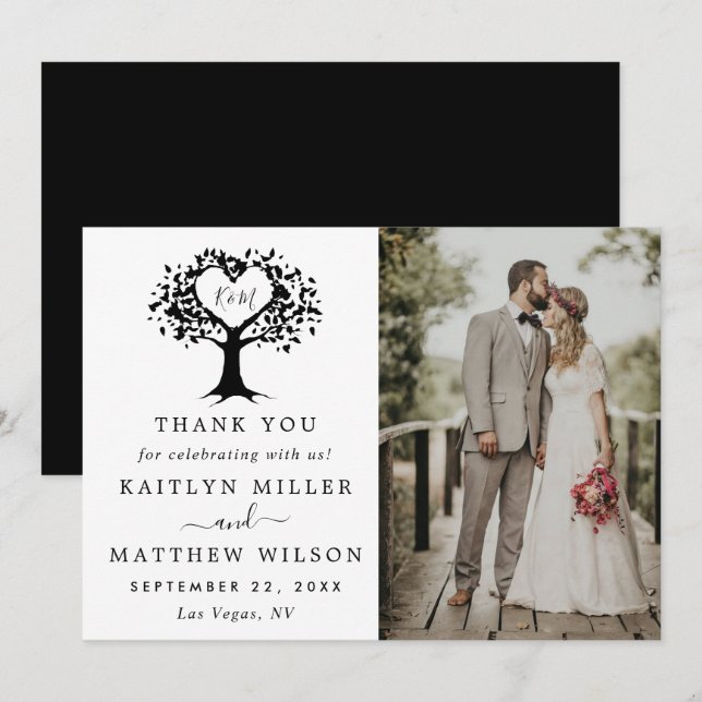 Carte De Remerciements Simple Mariage de l'arbre cardiaque du Monogramme  (Devant / Derrière)