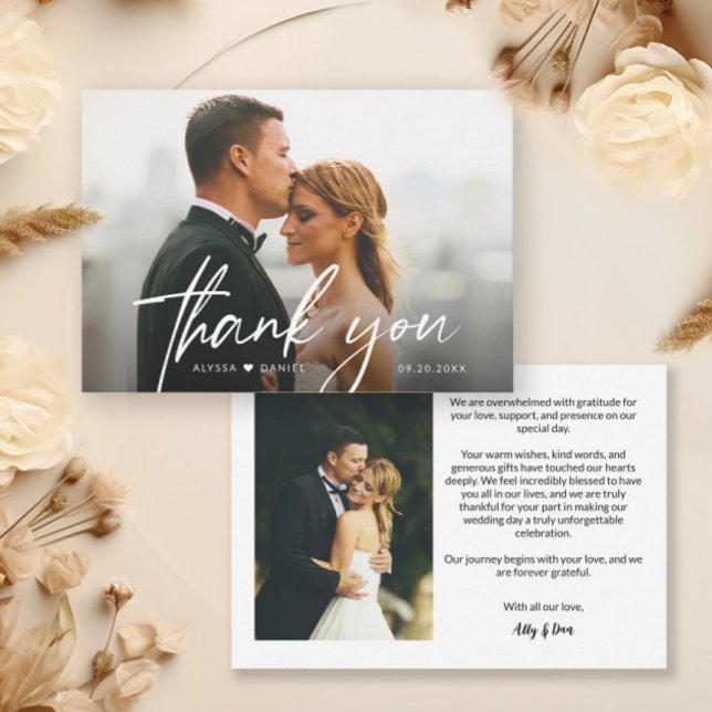 Carte De Remerciements Simple moderne Personnalisé 2 photos Mariages (Siimple wedding photos horizontal thank you cards.)