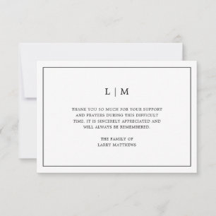 Carte De Remerciements Simple Monogramme Noir et Blanc Sympathie funérair