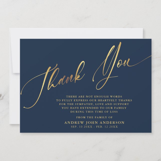 Carte De Remerciements Simple Navy & Gold Calligraphy Funérailles (Devant)