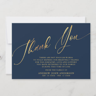 Carte De Remerciements Simple Navy & Gold Calligraphy Funérailles
