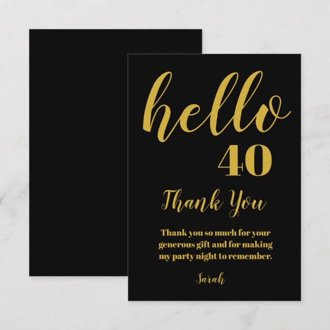 Carte De Remerciements Simple Noir et Or Bonjour 40 Anniversaire (Devant / Derrière)