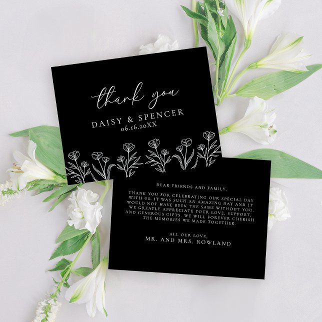 Carte De Remerciements Simple Noir moderne Floral Outline Mariage plat (Créateur téléchargé)
