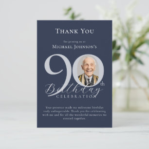 Carte De Remerciements Simple Photo Bleu Marine Argent 90ème Anniversaire