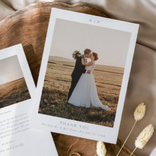 Carte De Remerciements Simple Photo De Mariage Élégant Bleu Poussiéreux