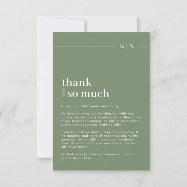 Carte De Remerciements Simple Photo Sage Green Monogram Mariage (Devant)