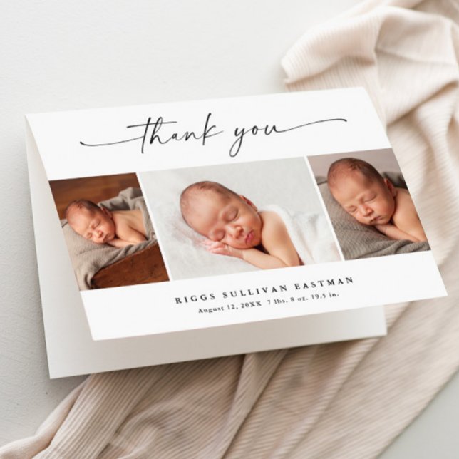 Carte De Remerciements Simple Script 3 Photo Collage Bébé (Elegant modern script 3 photo collage baby photo thank you card.)