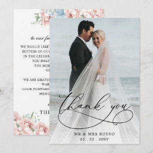 Carte De Remerciements Simple Script Elegant Blush Floral Photo Mariage