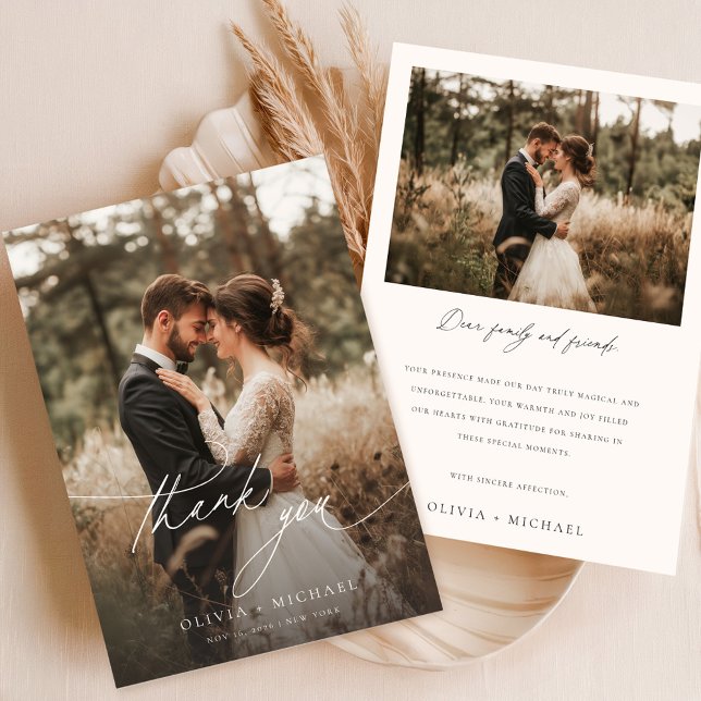 Carte De Remerciements Simple Script Modern Rustic Mariage Photo (Créateur téléchargé)