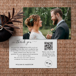 Carte De Remerciements Simple Wedding Script With Monogram And QR Code