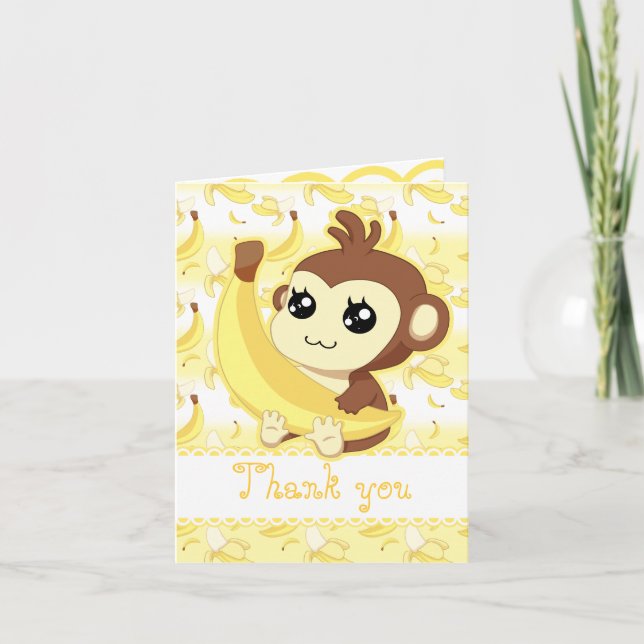 Carte De Remerciements Singe mou Kawaii tenant un anniversaire de banane (Devant)
