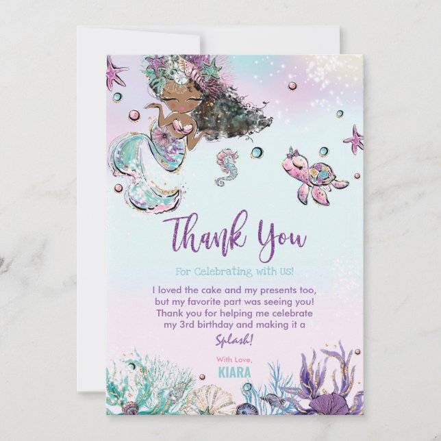Carte De Remerciements Sirène sous la mer Baby shower d'anniversaire Afri (Devant)