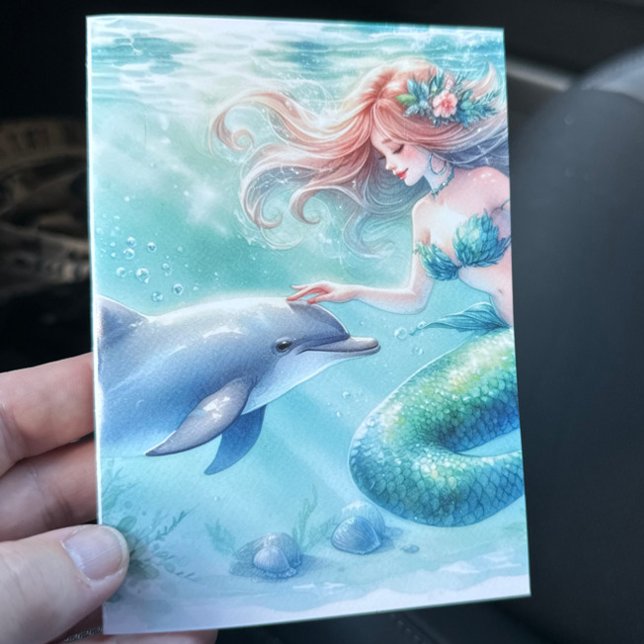 Carte De Remerciements Sirène sous la mer côtière (Mermaid with Dolphin Under the Sea blank notecard stationery)
