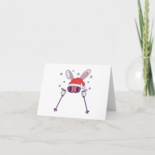 Carte De Remerciements Ski Père Noël Rabbit avec Santa Hat et bâtons de s (Devant)