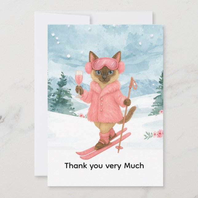 Carte De Remerciements Ski pour les amateurs de chats siamois en enterrem (Devant)