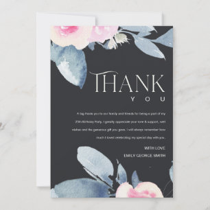 CARTE DE REMERCIEMENTS SOFT BLACK BLEU BLEU FLORAL 25E TOUT ÂGE ANNIVERSA