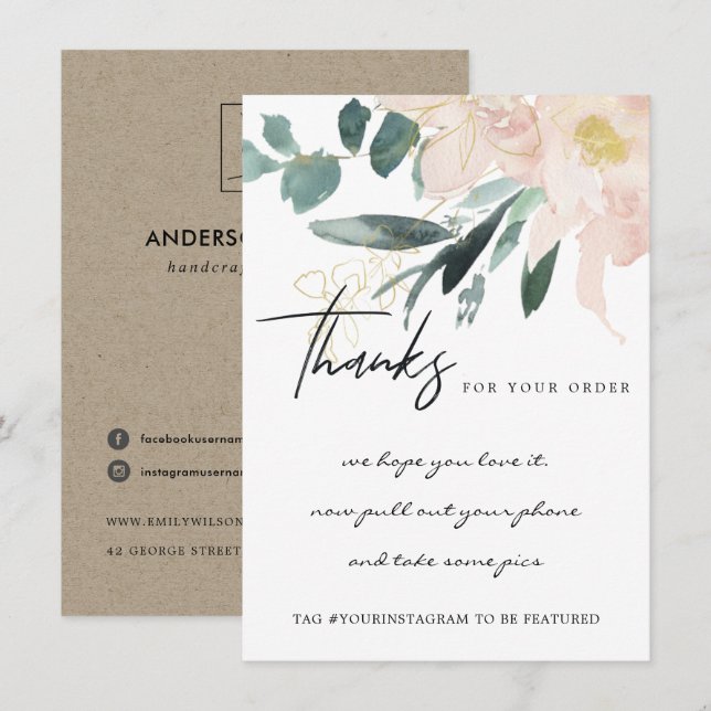 CARTE DE REMERCIEMENTS SOFT BLUSH GOLD FLORAL ENTREPRISE LOGO D'ENTREPRIS (Devant / Derrière)