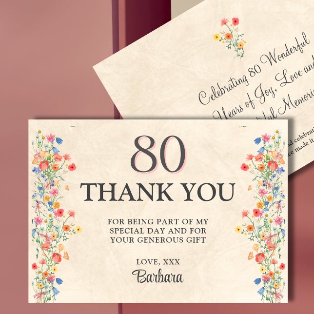 Carte De Remerciements Soft Elegant 80e fête d'anniversaire Floral 80 (Créateur téléchargé)