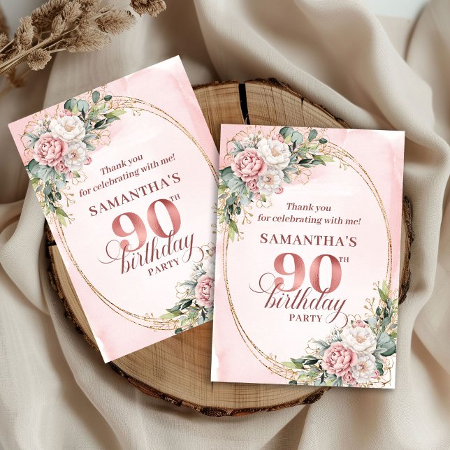 Carte De Remerciements Soft Pale Pink Gold Greenery 90th Birthday Thanks (Soft Pale Pink Gold Greenery 90th Birthday Thank You)