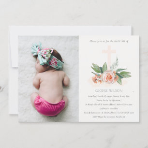 Carte De Remerciements Soft Peach Rose Floral Cross Photo Baptism Invitat